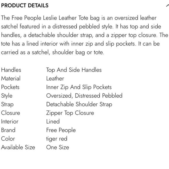 FREE PEOPLE Leslie Leather Tote Tiger Red Bag - Picture 16 of 16